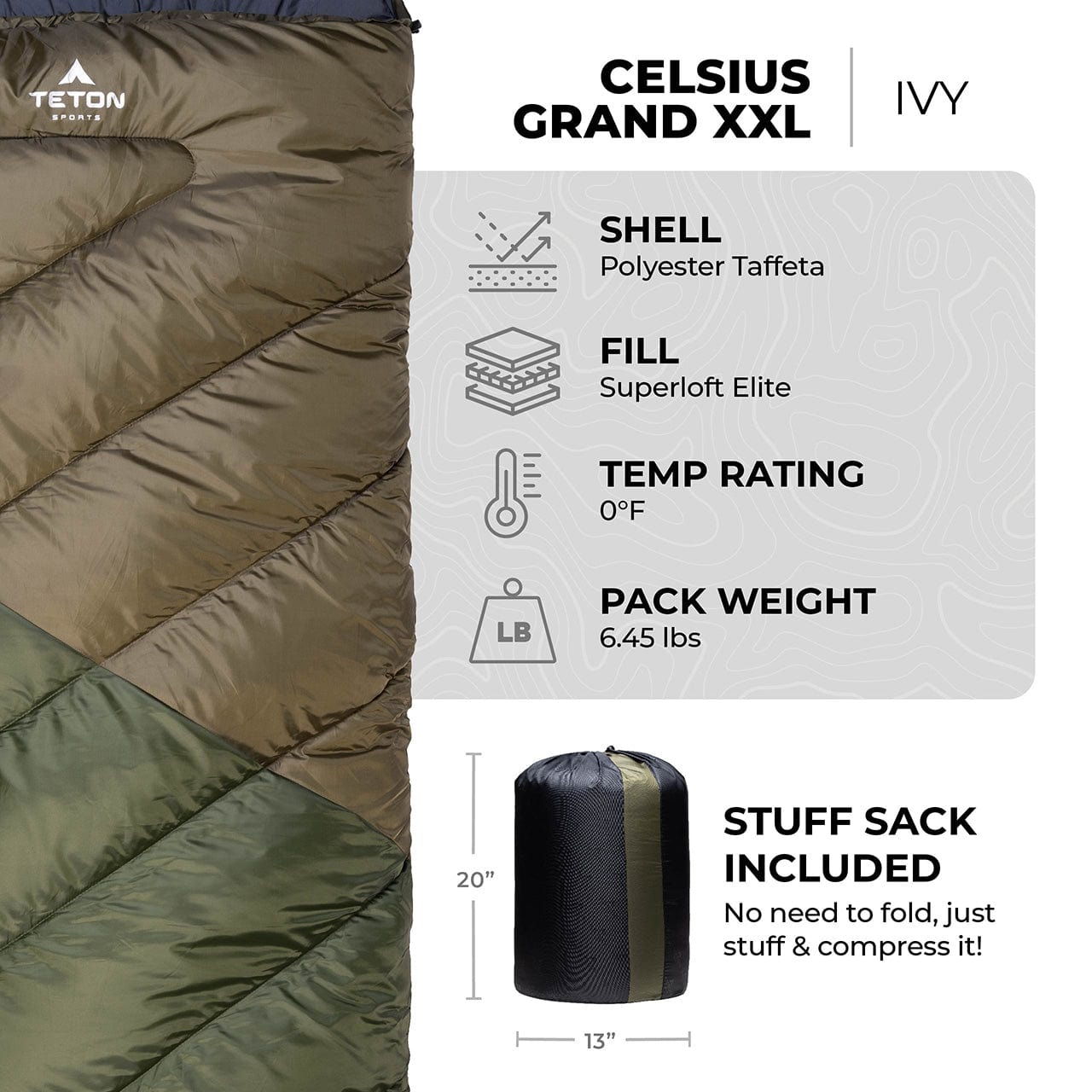 TETON Sports Celsius Grand XXL 0°F Sleeping Bag Ivy 10101S