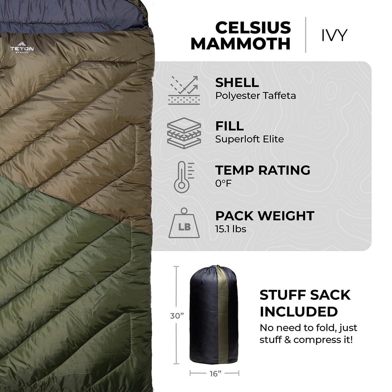 TETON Sports Celsius Mammoth 0°F Sleeping Bag Ivy 10121S