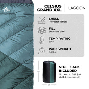 TETON Sports Celsius Grand XXL 20°F Sleeping Bag Lagoon 10142S